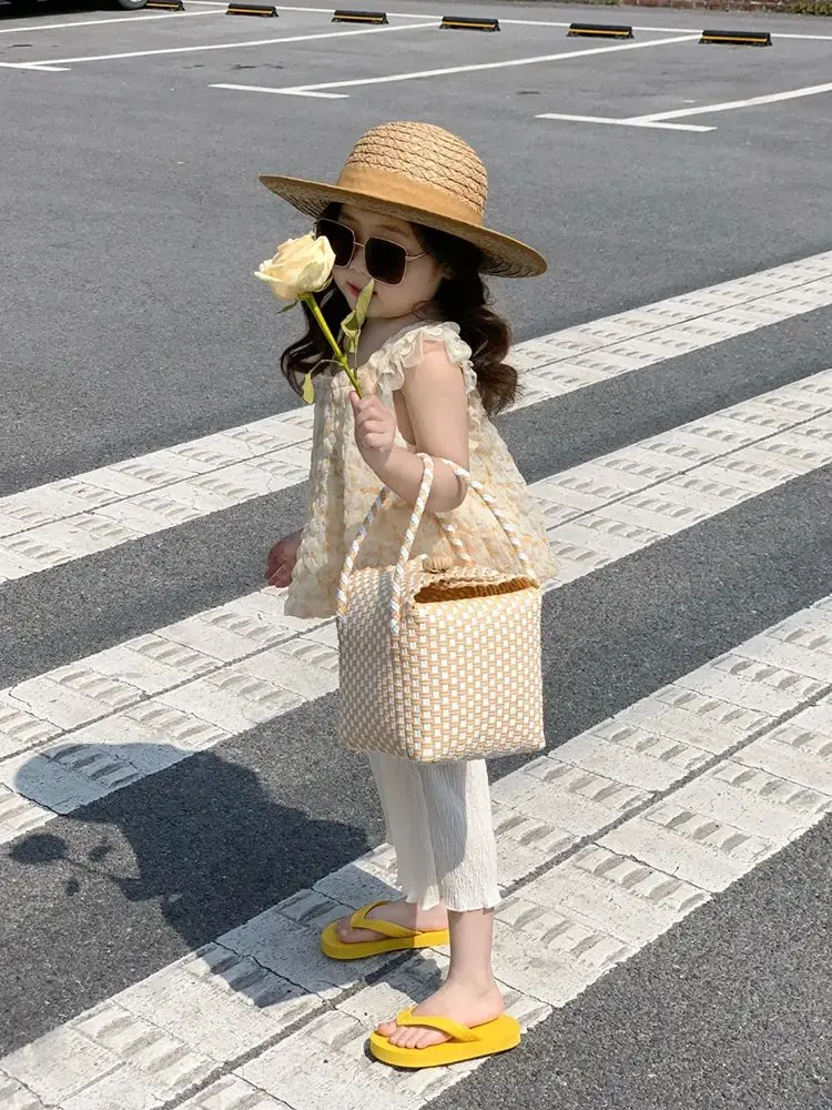 Летние детские комплекты 2023 года, милая жилетка без рукавов в корейском стиле, длинные брюки, широкие брюки, хлопковая мягкая новинка моды для девочек 1