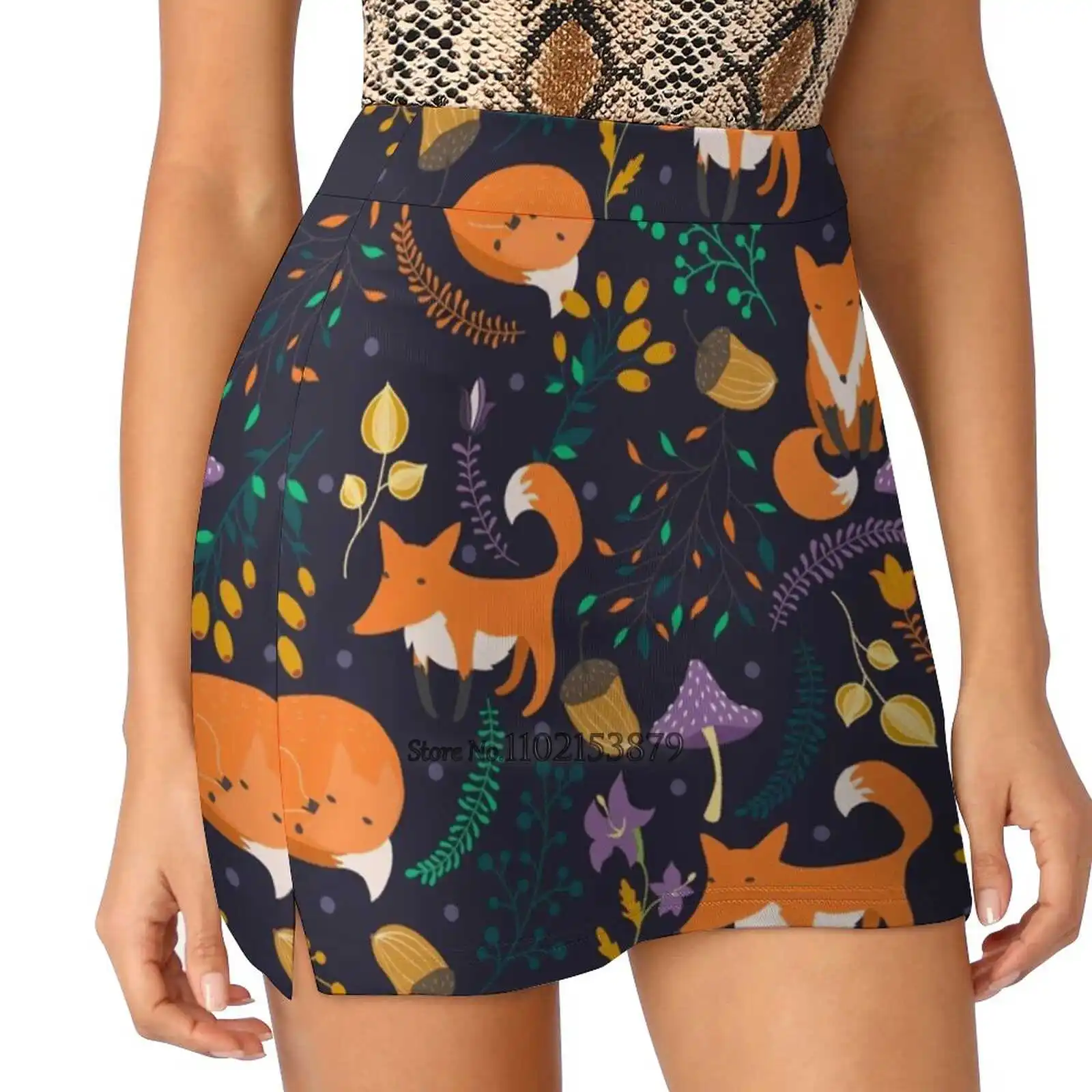 Лисы в Волшебном лесу Женская модная спортивная юбка с карманами Юбки для тенниса гольфа и бега Fox Cute Forest Зелено-оранжевый 0