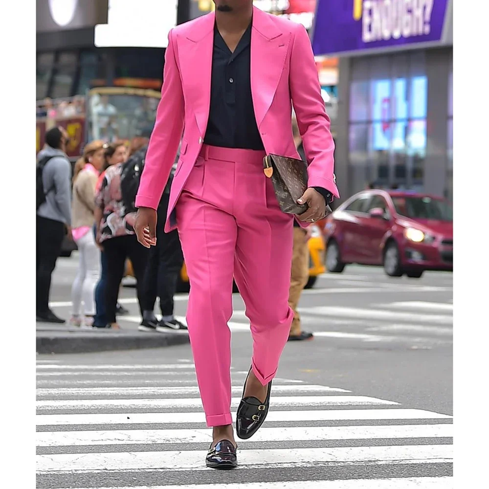 Розовые однотонные мужские костюмы, комплект из 2 предметов, модный однобортный блейзер с отворотом, тонкий Элегантный повседневный смокинг для свадебной вечеринки, смокинг жениха 0