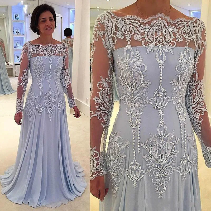 Элегантные синие платья для матери невесты 2024 года с открытыми плечами, Прозрачные Длинные рукава, Кружевная аппликация, вечернее платье для крестной матери и гостей 0