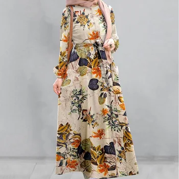 2023 Весеннее женское платье в национальном стиле с винтажным принтом, хлопковый льняной пояс, женские платья Maix, юбка трапециевидной формы с круглым вырезом, 2 шт. /компл. 0