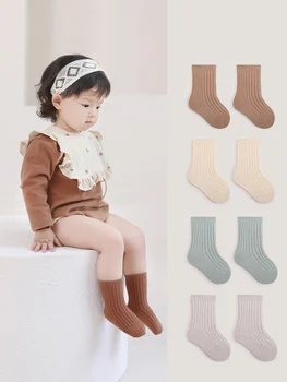 5 пар/лот, Новый осенний комплект коротких носков для девочек, однотонный детский носок средней длины