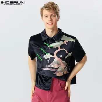 INCERUN Топы 2023, мужские рубашки с принтом в китайском стиле с рисунком Сосны, Повседневная уличная одежда, Блузка с пряжкой и короткими рукавами S-5XL