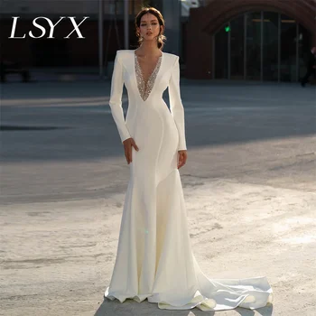 LSYX/ Длинные рукава, глубокий V-образный вырез, расшитое бисером Свадебное платье Русалки с пайетками, молния сзади, элегантное свадебное платье длиной до пола, сшитое на заказ