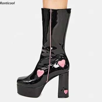 Ronticool/ Новые женские зимние ботильоны на платформе, черные модельные туфли из лакированной кожи на блочном каблуке с круглым носком, женские большие размеры США 35-41
