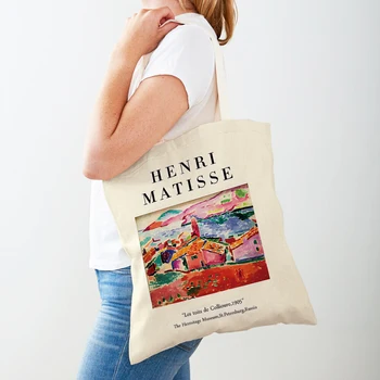 Винтажная женская сумка-тоут через плечо, холщовая сумка для покупок, женские сумки для покупок в супермаркете с абстрактным пейзажем в стиле ретро Матисса 0