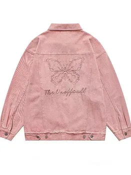 Винтажное джинсовое пальто с розовой вышитой бабочкой, женская модная американская демисезонная свободная женская куртка в стиле хип-хоп, верхняя одежда 0