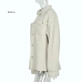 Воротник повседневной рубашки, Зимняя осенняя дубленка, Длинные рукава, карманы с плюшевым мишкой, куртка, Офисная женская верхняя одежда 2
