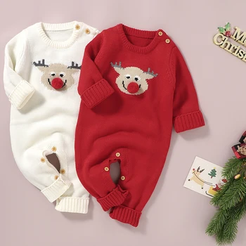 Детские комбинезоны, Зимние Рождественские Вязаные комбинезоны с оленями Санта-Клауса для новорожденных мальчиков и девочек, комбинезоны с длинными рукавами, детский нетуральный наряд 0