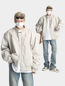 Джинсовая осенняя однотонная белая свободная мужская одежда Harajuku из полиэстера y2k, толстовки со стоячим воротником большого размера на молнии 0