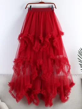 Длинная юбка-пачка из тюля для женщин 2023, Новая Летняя Корейская Эстетичная Милая Макси-юбка из нерегулярной сетки с высокой талией, женская Фиолетовая Z498 3