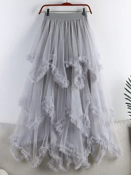 Длинная юбка-пачка из тюля для женщин 2023, Новая Летняя Корейская Эстетичная Милая Макси-юбка из нерегулярной сетки с высокой талией, женская Фиолетовая Z498 4