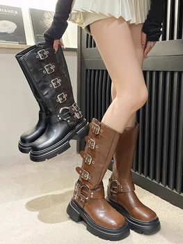 Женские ботинки до середины икры; Роскошная дизайнерская обувь на молнии с круглым носком; Модная осенняя ковбойская кожа средней плотности; Однотонные ботинки до середины икры; 0