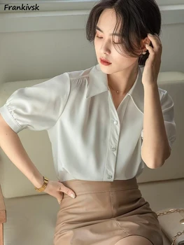 Женские рубашки Летняя мода Корейский стиль для поездок на работу, короткий рукав, Темперамент, одноцветное изделие, продвинутые тренировки, Крутые Универсальные Простые 0