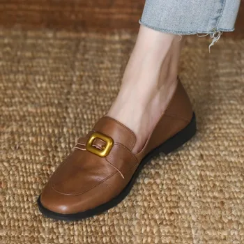 Женские туфли на плоской подошве в стиле ретро, простые туфли из овчины, без застежки, женские туфли в британском стиле, лоферы с пряжкой, без застежки, туфли на низком каблуке, туфли-лодочки с Vintage 0