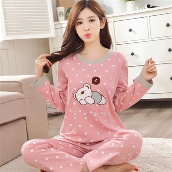 Женский пижамный комплект, топ и брюки, пижама, осенне-зимняя одежда для отдыха с длинными рукавами, простая свободная домашняя одежда с круглым вырезом 1