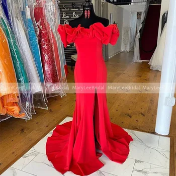 Женское красное вечернее платье с открытыми плечами, вырез с оборками, Сексуальный разрез спереди, платья Макси для вечерних мероприятий в стиле Русалки 0