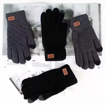Зимние теплые Перчатки, Вязаные варежки, Пушистые перчатки с сенсорным экраном, мужские перчатки для езды на велосипеде, вождения на все пальцы