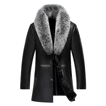 Зимняя новая меховая куртка из экокожи, мужское пальто, мужской воротник из лисьей шерсти, Толстые длинные дубленки, Блузон Homme Hiver 4