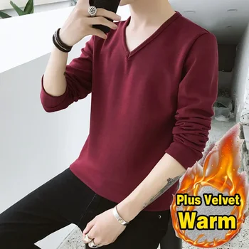 Зимняя футболка с длинным рукавом 5XL, мужская термобелье Thermal Plus, бархатное термобелье, топы, повседневная пижама с V-образным вырезом, блузка 0