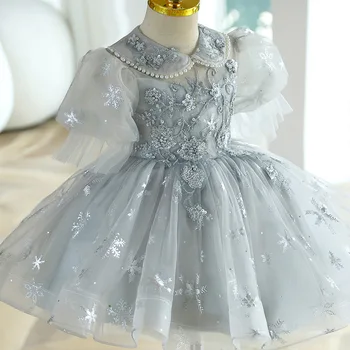 кавайное платье серого цвета, детские платья с цветочным узором для девочек, детский костюм принцессы на день рождения и крещение для маленьких, бутик праздничной одежды, платья