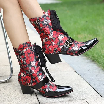 Ковбойские сапоги в европейском и американском стиле в стиле ретро Вестерн с пряжкой для ремня, кожаные ботинки на среднем каблуке и короткие ботинки в тон. 0