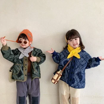 Корейский стиль, Зимние стеганые свободные куртки в стиле ретро для мальчиков и девочек с цветочным рисунком от 1 до 6 лет, детские свободные пальто оверсайз 0