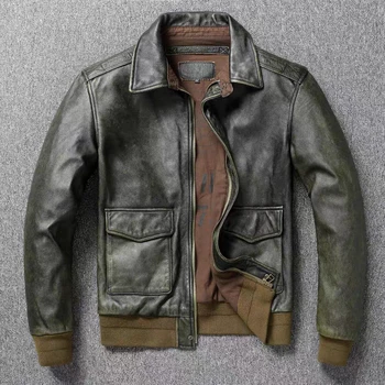 Куртка из воловьей кожи верхнего слоя A2, летный костюм ВВС, мужская старая кожаная куртка в стиле ретро, приталенная куртка с коротким отворотом 0
