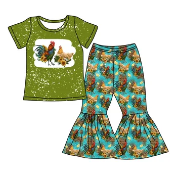 оптовая горячая распродажа, зеленая рубашка с принтом фермерского цыпленка с короткими рукавами и расклешенными брюками, костюм для девочек 0