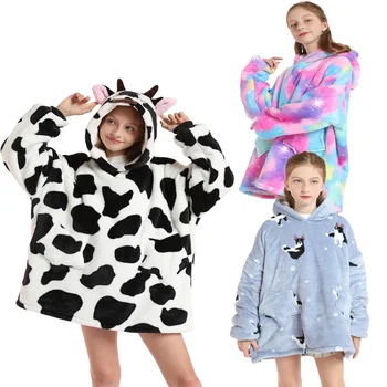 Осенне-зимняя мода, пижамы с героями мультфильмов для мальчиков и девочек, Фланелевая домашняя одежда, пуловер с капюшоном, одеяло для ленивого телевизора, пижама 0