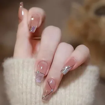 Пластырь для наращивания ногтей в стиле Long Line Diamond с прозрачной блестящей пудрой Ice для белых и съемных накладных ногтей 0