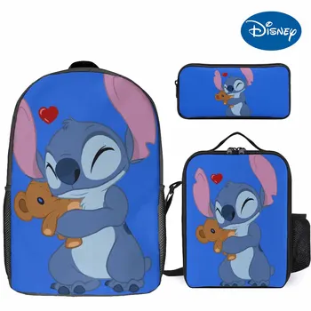 Портативный багаж для мальчиков и девочек на заказ, милый рюкзак Disney Stitch Color Head, сумка для еды, пенал, школьный ранец из трех предметов 0