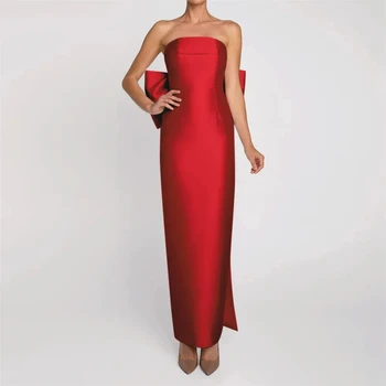 Простое Красное Атласное Платье Для Выпускного Вечера С Длинным Большим Бантом, Без Спинки, Без Бретелек, Пышные Вечерние Платья С Открытыми Плечами, Robe De Soiree Vestido Largo 2023