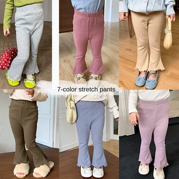 Расклешенные брюки для девочек, Детские брюки среднего и маленького размера, Корейская версия брюк с косточками, Облегающие Расклешенные брюки 0