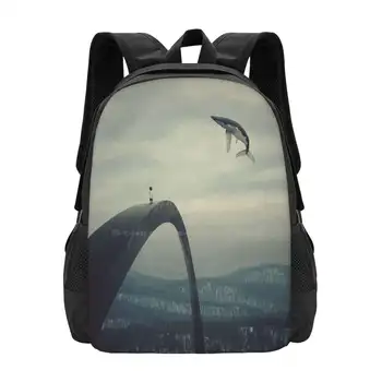 Рюкзак с рисунком Мальчика и летящего Кита, школьные сумки, Мальчик, Сюрреалистичный Кит, Летящий Аркой, Небесные холмы, Мечтательный Эмоциональный 0