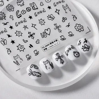Черный Мультфильм Граффити 5D Мягкие Рельефные Рельефы С Тиснением Самоклеящиеся Украшения Для Ногтей Наклейки Милые 3D Наклейки Для Маникюра Оптом 0