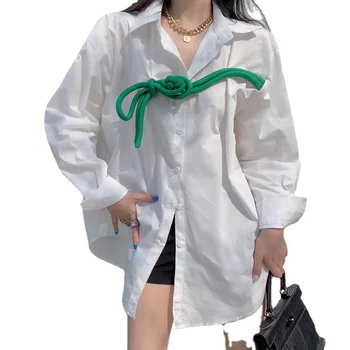 Шикарные женские свободные белые рубашки модный дизайн белые топы женские с длинным рукавом зеленая веревка белые блузки женские повседневные 0