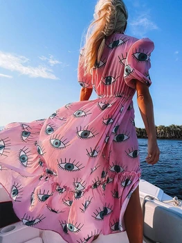 Шифоновые платья Pink Eyes без морщин, сексуальное летнее пляжное платье с коротким рукавом 2023, женская пляжная одежда, купальник Cover Up D1 0